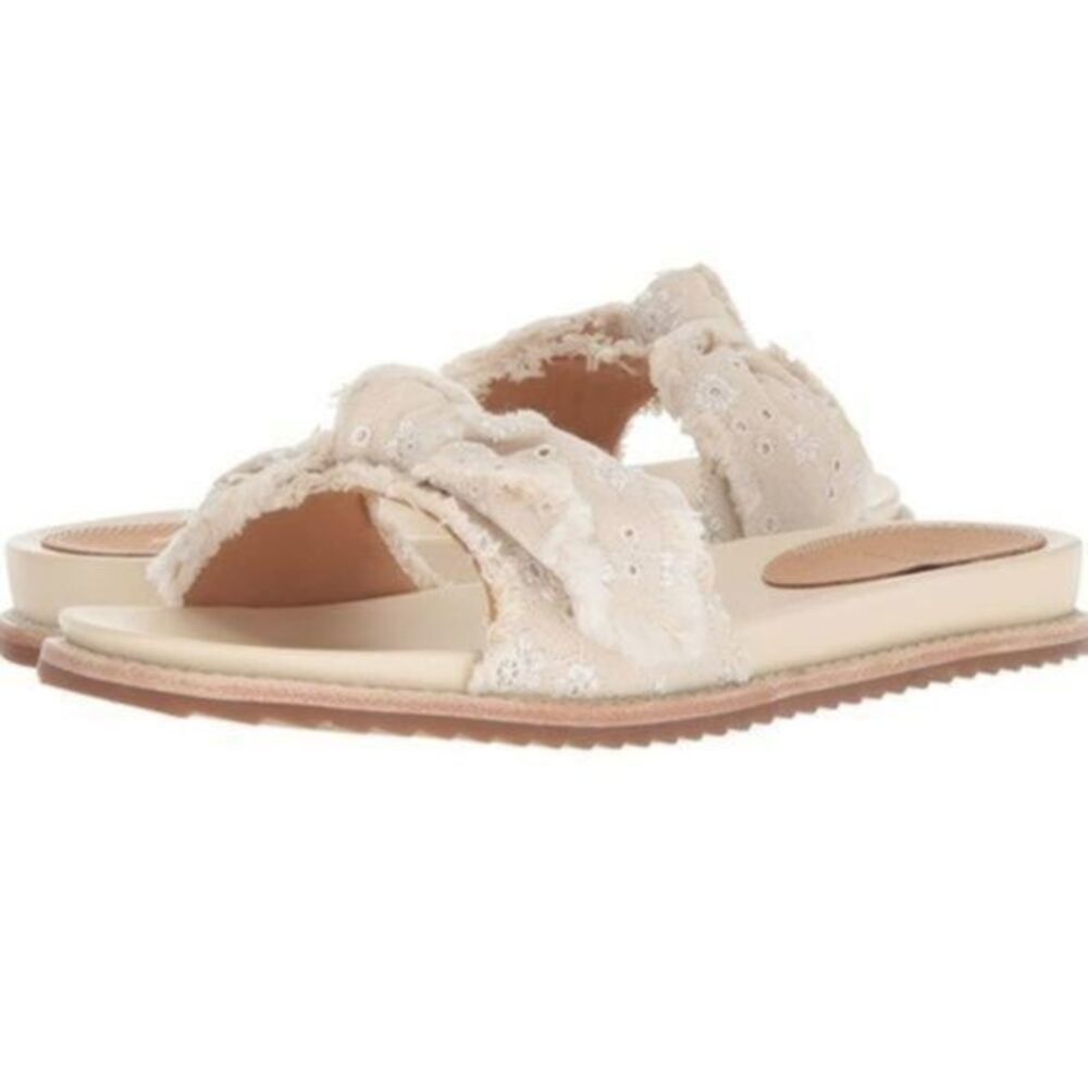 Bill Blass women’s sandals Cotton-Cream Denim Bow Slide | Size US 10